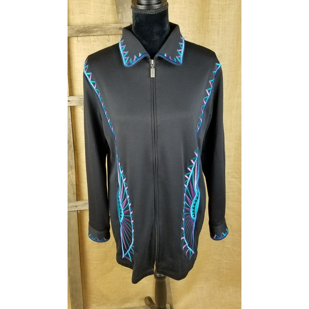 Bob Mackie wearable art women S black western cowgirl zip up jacket embroidery